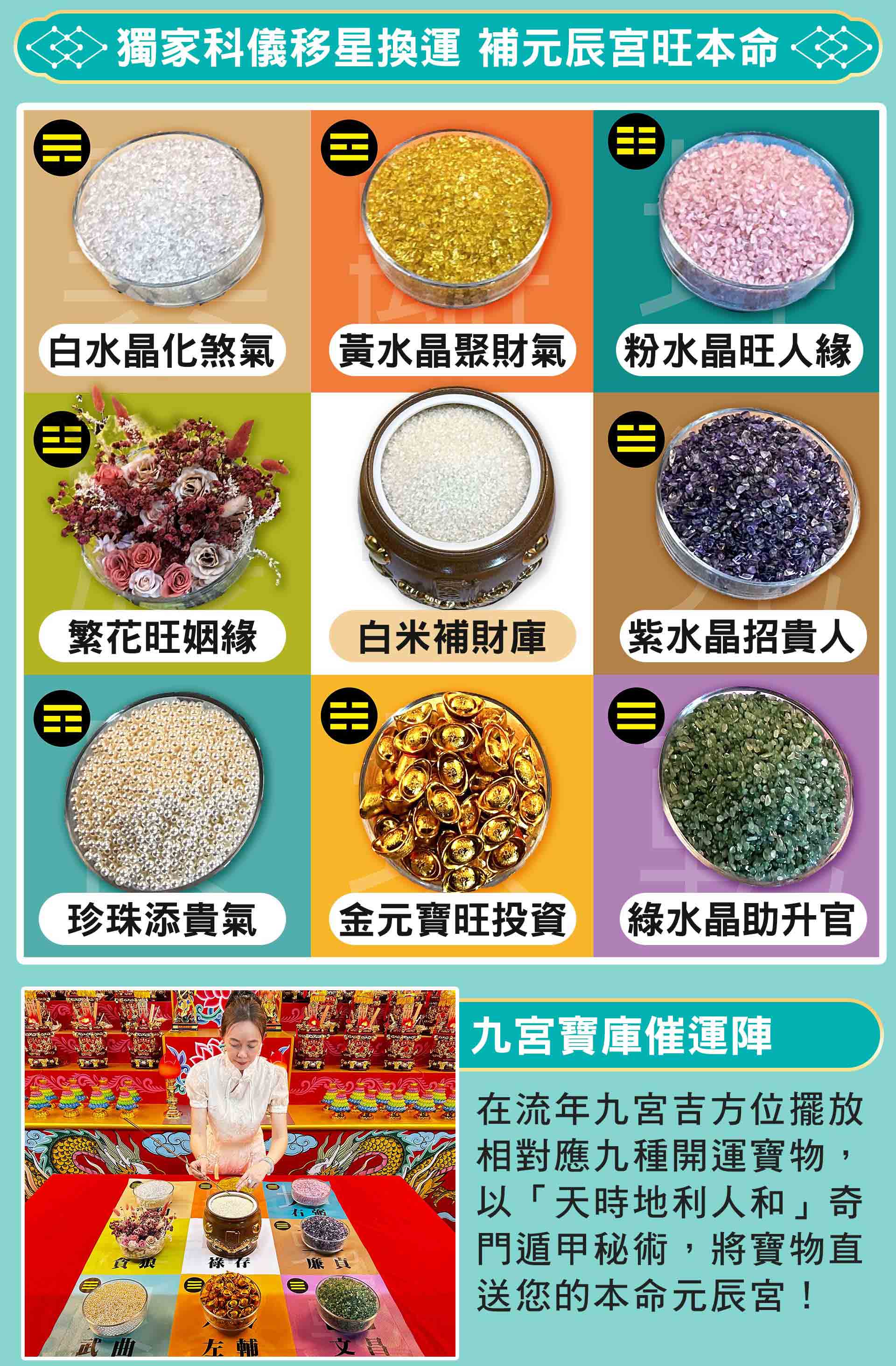 ☝補元辰科儀1：九宮寶庫催運陣，在九宮寶庫催運陣中，分別在流年九宮吉方位擺放九種開運寶物，以「天時地利人和」的奇門遁甲秘術，將寶物直送您的本命元辰宮。